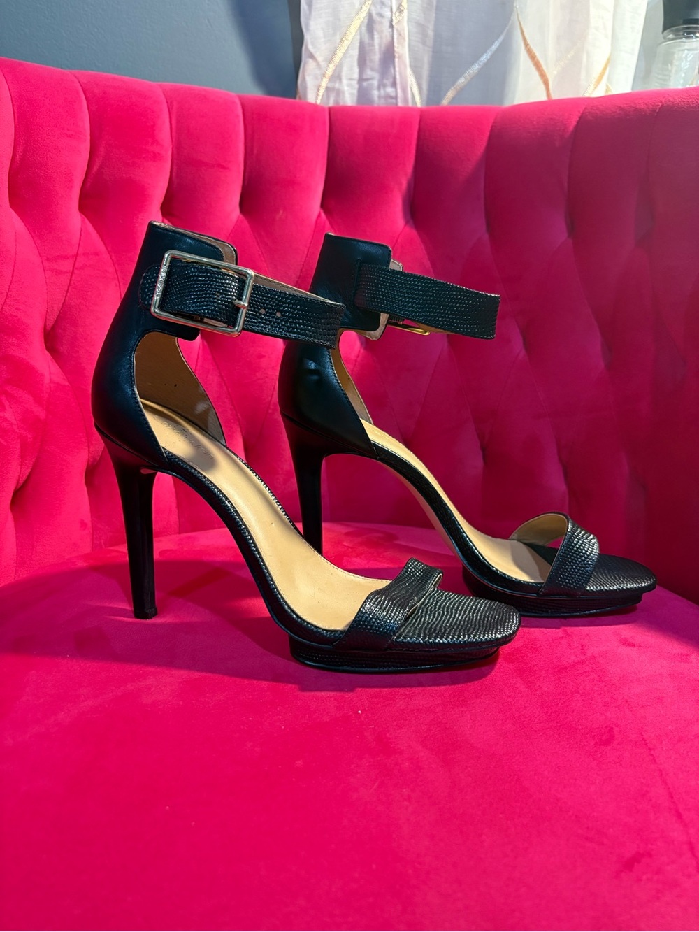 Calvin Klein Black Textured Ankle-Strap Stiletto Heels